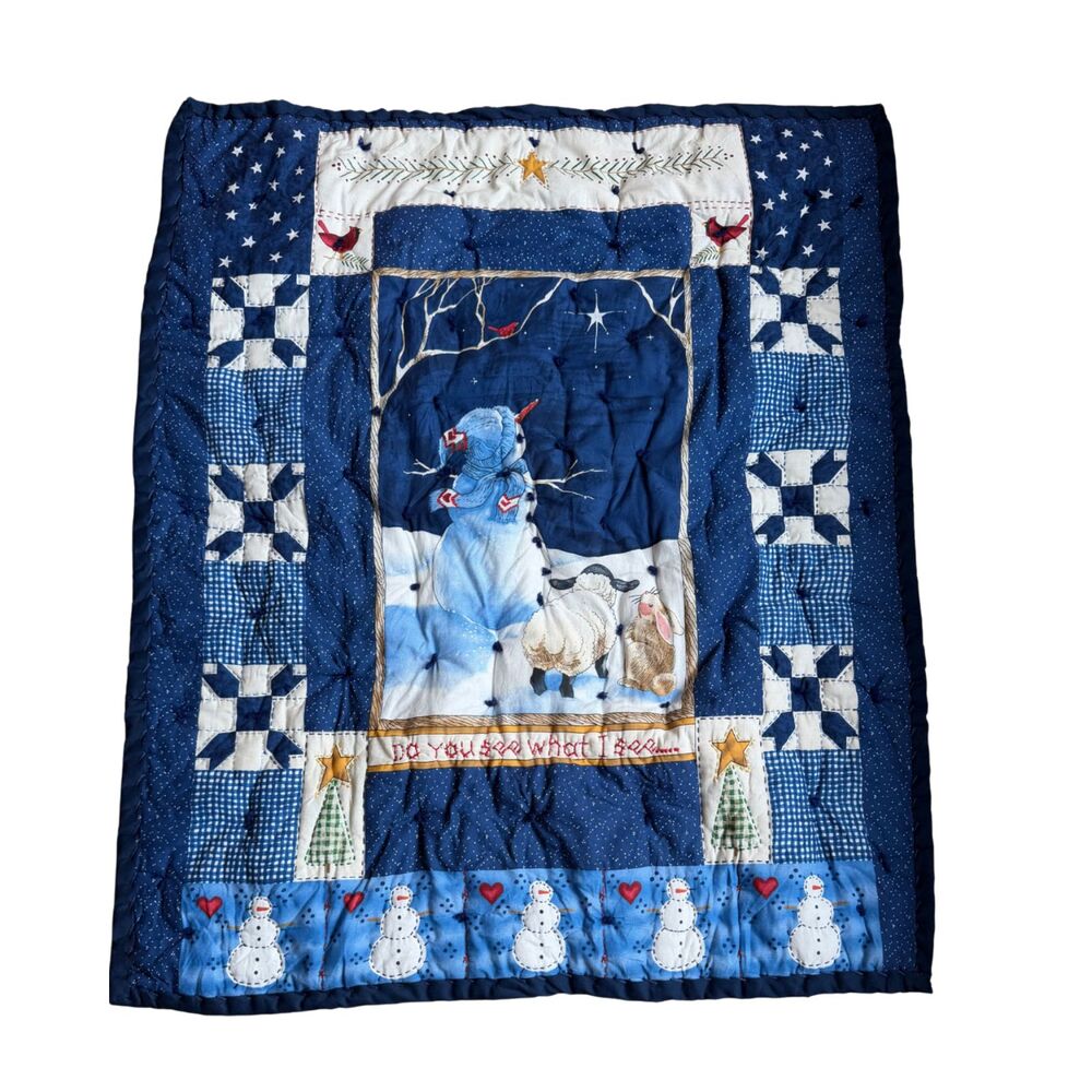Blue Snowman Hand Sewn Christmas Holiday Quilt Throw Wall Hanging 32.5 x 40 Tied